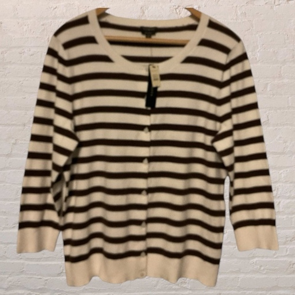 Women's Talbots pima cotton Striped Cardigan XL White Brown